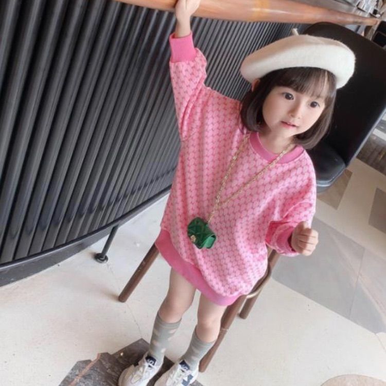 キッズ ど派手ピンク総柄トップス 韓国子供服 リブ袖ワンピース 長袖  