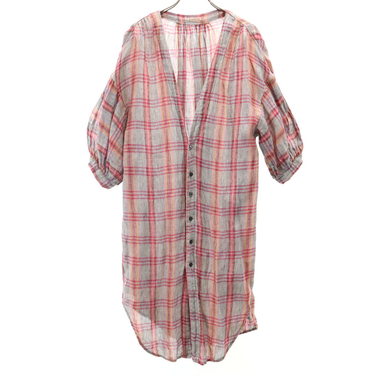 KAPITAL - 古着 KAPITAL キャピタル 日本製 リネン チェック柄 半袖 ロングシャツ 1 グレー系 レディース KAPITAL キャピタル 日本製 リネン チェック柄 半袖 ロングシャツ 1
