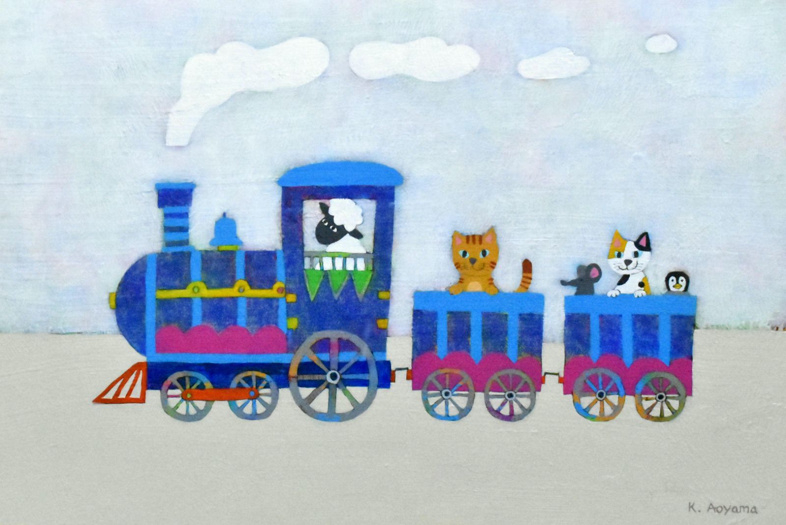 青山健一　「機関車で行こう」アクリルＰ６号　真作保証　美品！メルヘンを描く画家！ 青山健一 「機関車で行こう」アクリルP6号 真作保証 美品