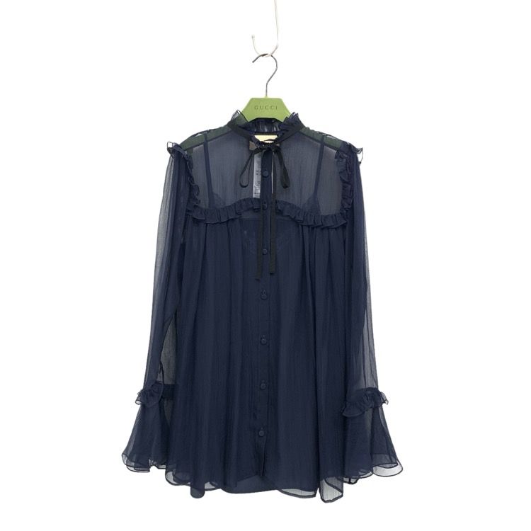 GUCCI グッチ シルクシフォン ブラウス ネイビー 40 657801 - メルカリ