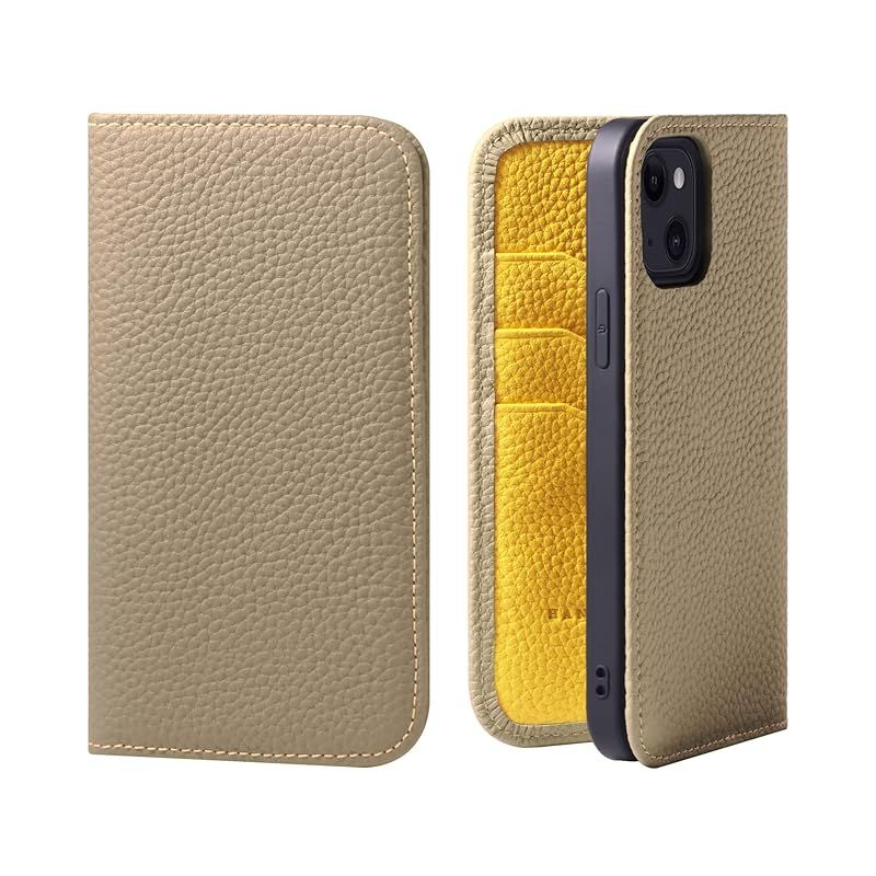 HANATORA iPhone13 ケース 手帳型 本革 スマホケース スマホ スタンド コードホルダー 付き シュリンクカーフレザー ギフト マグネットなし グレージュ + イエロー PH-13-Grege-YL 1