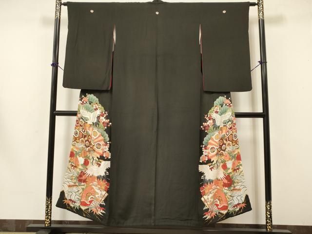 平和屋着物□アンティーク 大正ロマン 黒留袖 飛鶴扇面鼓花文