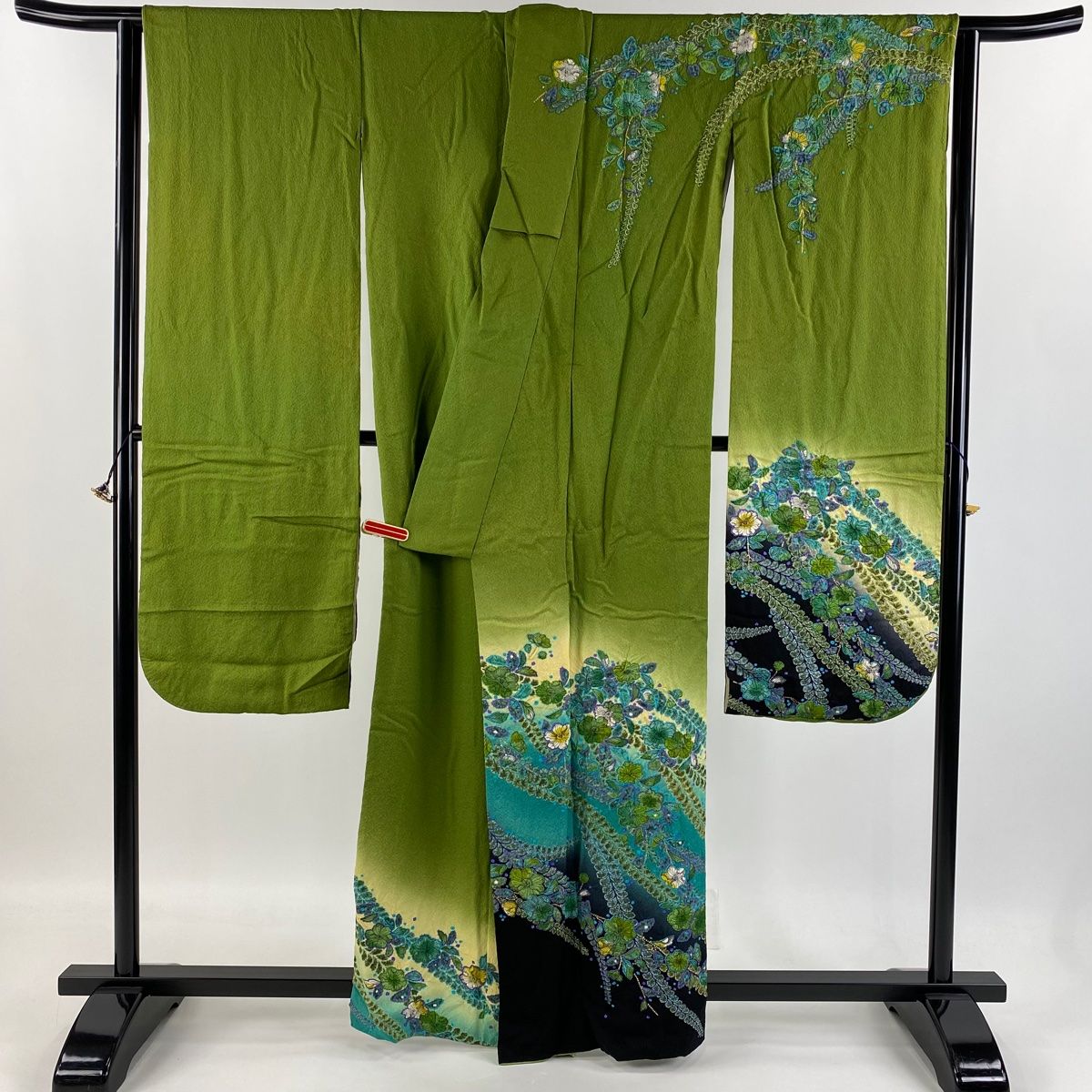 振袖 身長157-172cm 緑 正絹 振袖 身丈157cm 裄丈62.5cm S 袷 桜 波 絞り 金彩 茶緑色 正絹