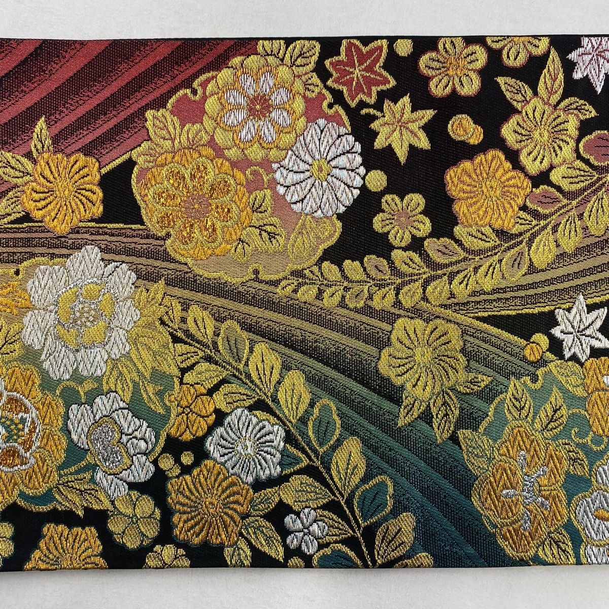 ⑥⑥⑤ 夏帯 雪輪　しば草 六通 袋帯 正絹 金糸 袋帯 美品 秀品 祥園 落款 笹 雪輪 金糸 箔 金色 六通 正絹