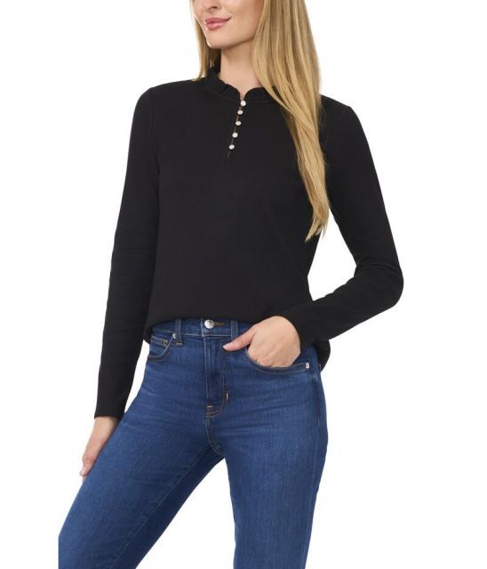 【送料無料】 セセ レディース シャツ トップス Long Sleeve Rib Knit Half Placket Top Rich Black