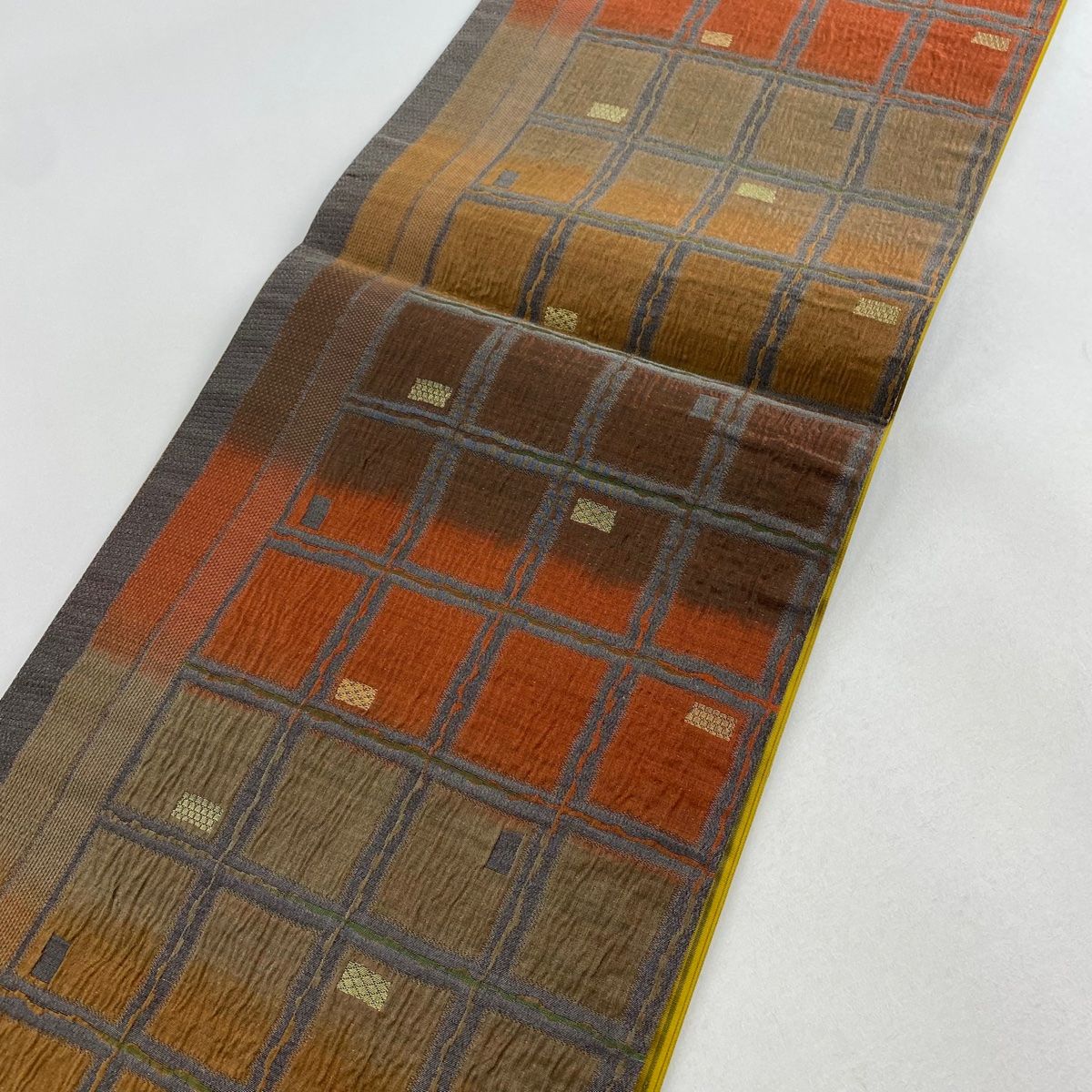 袋帯 美品 秀品 幾何学模様 縞 金糸 茶緑色 全通 正絹 【中古