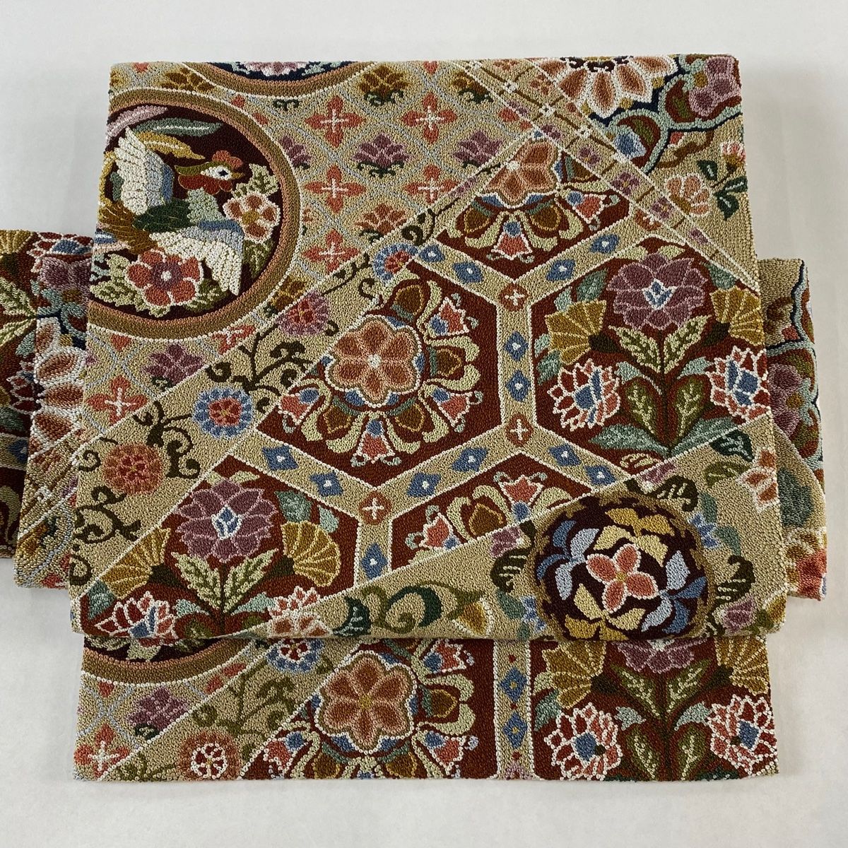 付け帯 作り帯 草花 鳥 相良刺繍 金糸 薄茶色 正絹