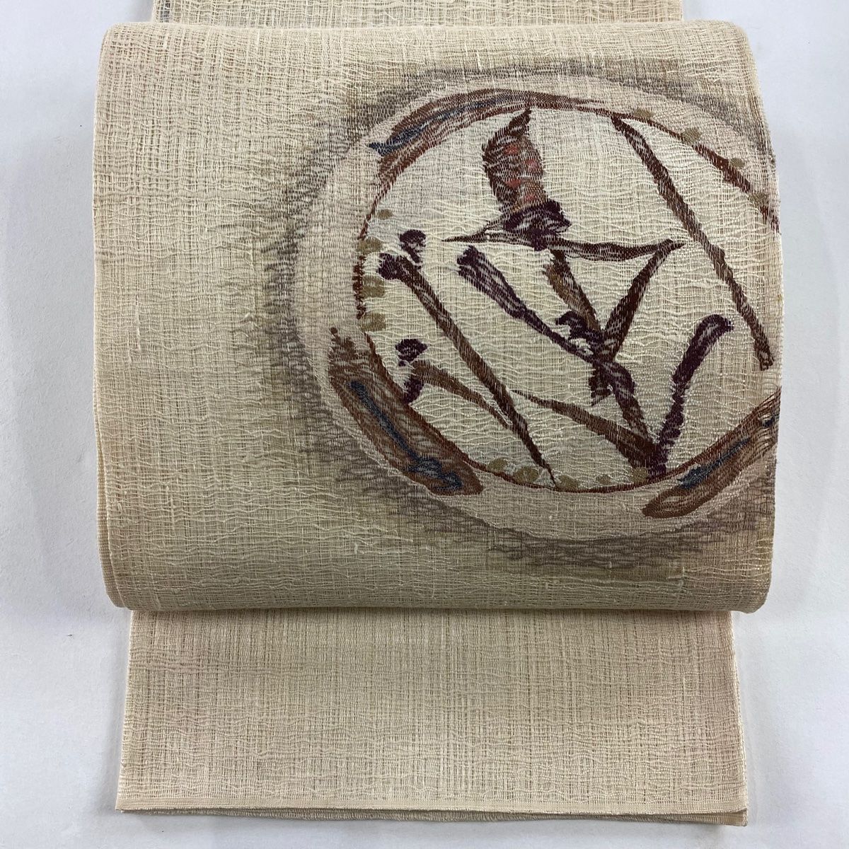 袋帯 秀品 夏帯 関西仕立て 草花 ベージュ お太鼓柄 正絹 【中古