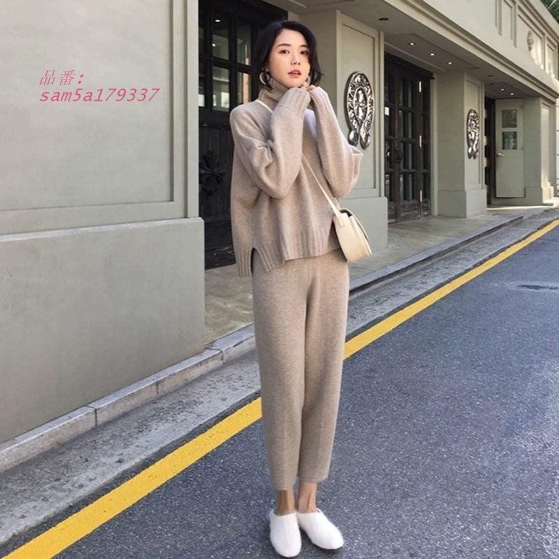 セットアップ レディース ニット 秋冬 セーター 上下セット オシャレ テーパードパンツ サルエルパンツ ハイネック カジュアル ゆったり am5a179337
