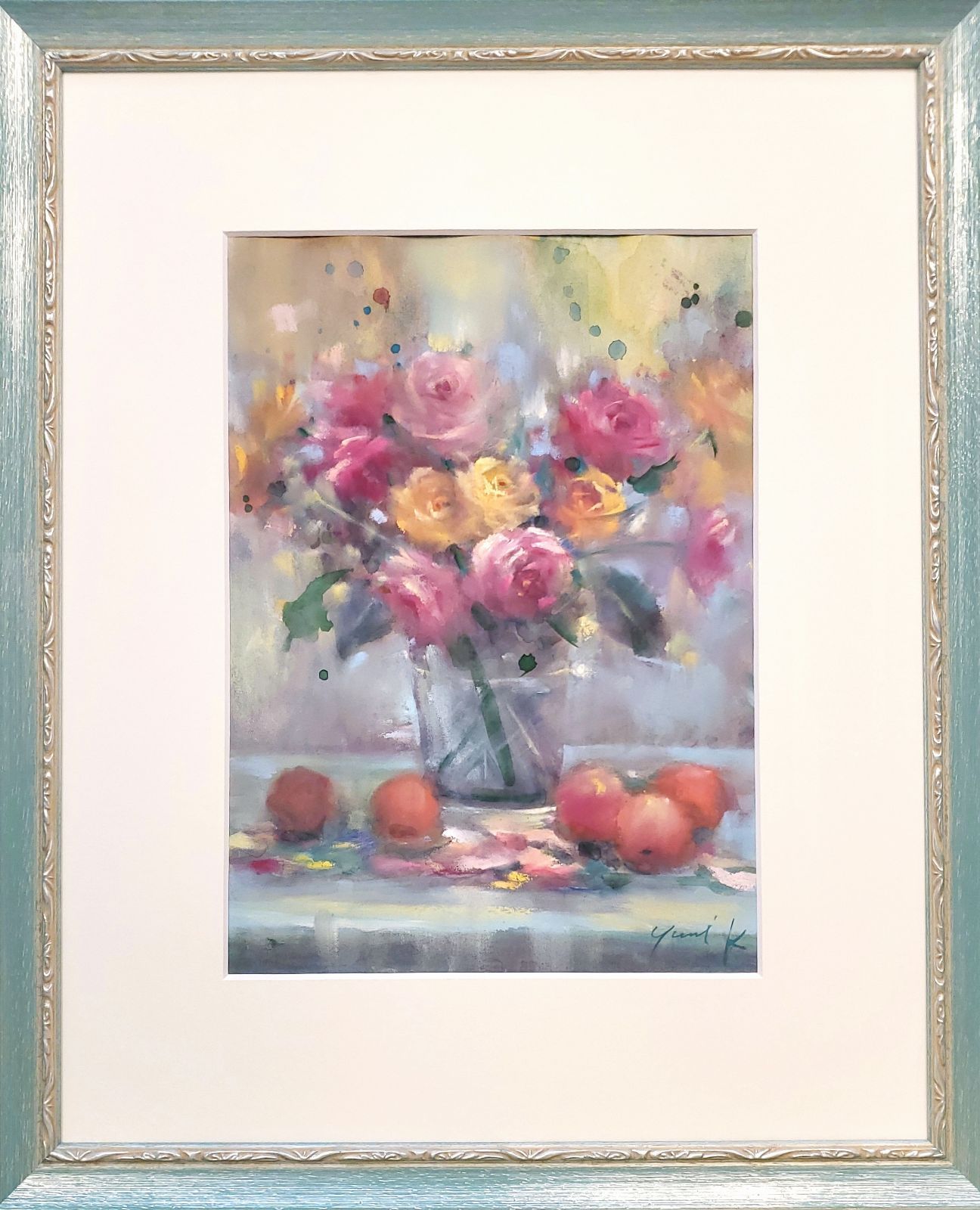 絵画 ｢朝摘みの薔薇｣ F4 額付 水彩|パステル 神之浦由美 静物画 花 作品