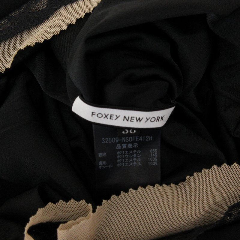 FOXEY NEW YORK フリル ワンピース 38 FOXEY newyorkフォクシーニューヨークサテンブラックワンピース