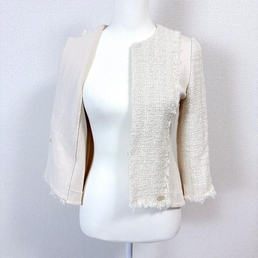 FOXEY ツイードノーカラージャケット 38 オフホワイト 美品】 FOXEY ノーカラージャケット フック 38 オフホワイト ツイード