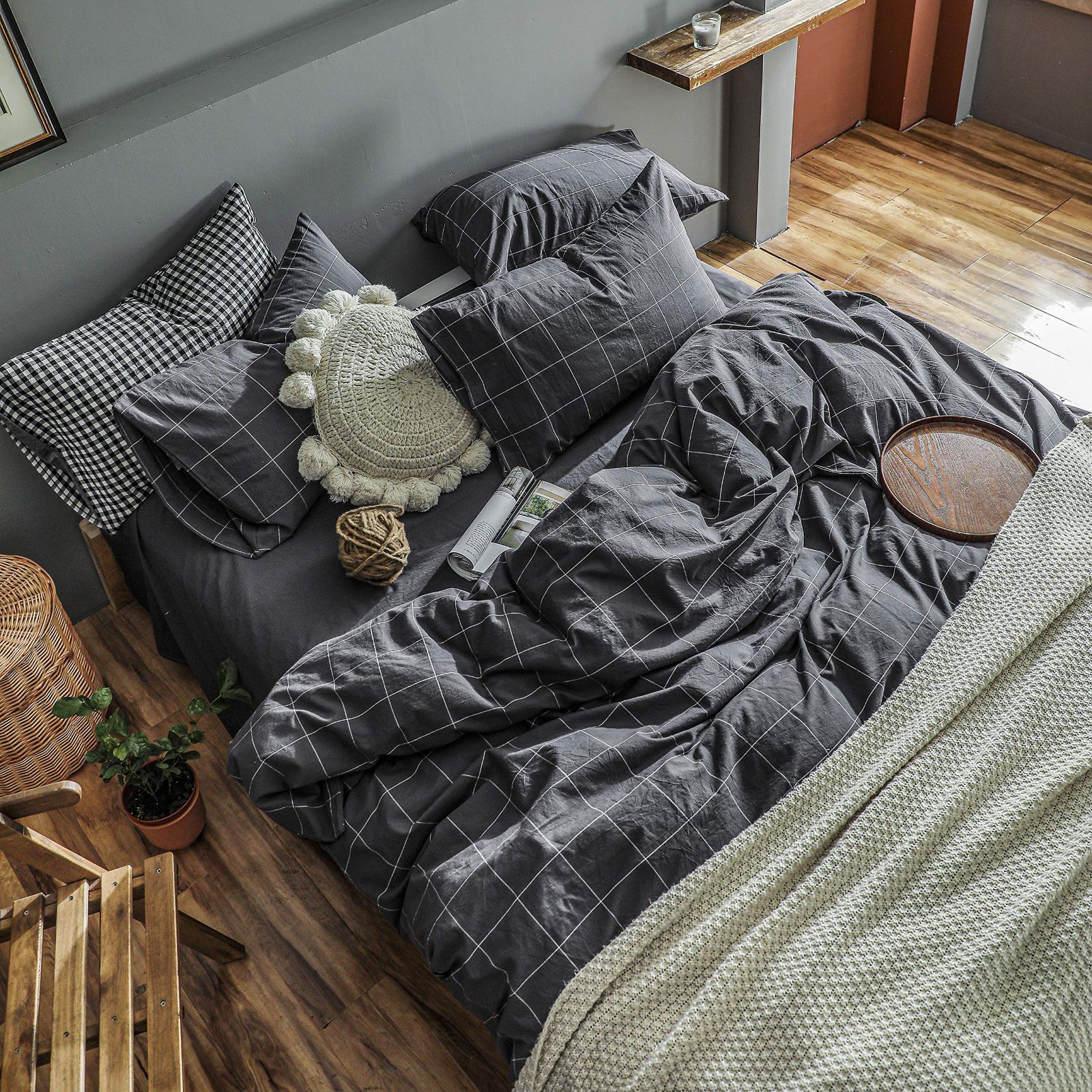 布団カバー シングル 3点セット オーガニックコットン洗いざらしの綿 コットン 寝具カバーセット 布団かばー ベットカバー 洗い替え 速乾 防ダニ グレー チェック その他 その他 コスメ 美容