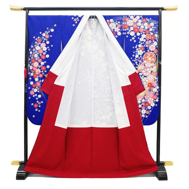 中古】 振袖 着物 リサイクル 正絹 成人式 フォーマル 金彩加工 青  