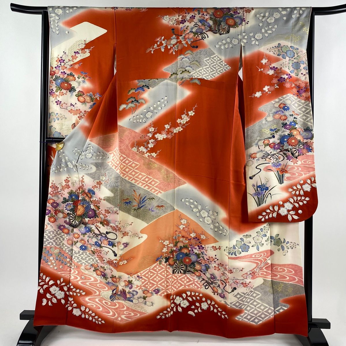 在庫一掃】 振袖 身丈162.5cm 裄丈64.5cm M 袷 花車 流水 金糸