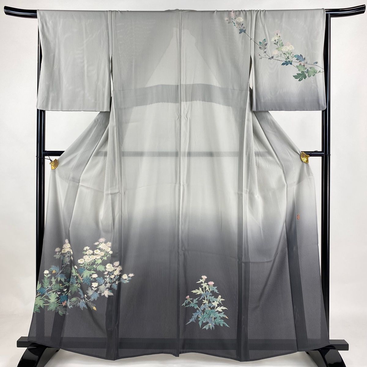 付下げ 身丈161cm 裄丈67cm M 薄物 田村哲彦 縦絽 加賀友禅 落款 菊 ぼかし 灰色 正絹