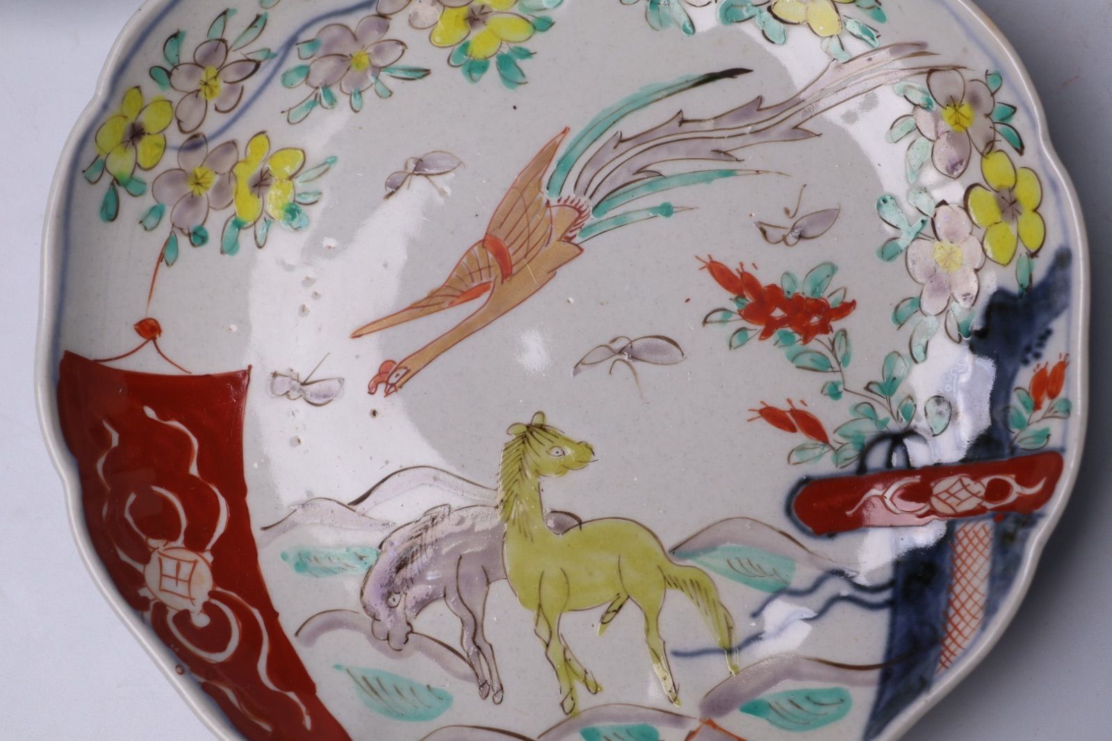 853 色絵 花 鳳凰 馬 古伊万里 伊万里焼 骨董 アンティーク 中皿 7寸皿