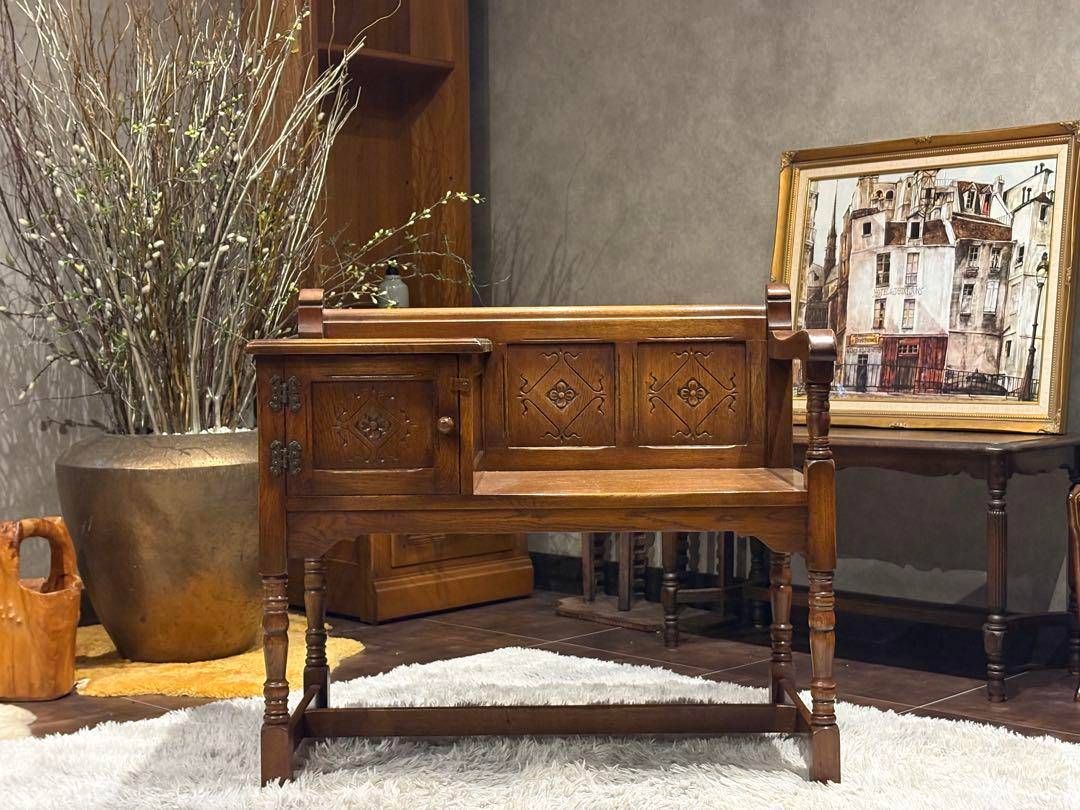 英国 イギリス テレフォンベンチ ベンチ オーク材 アンティーク SH