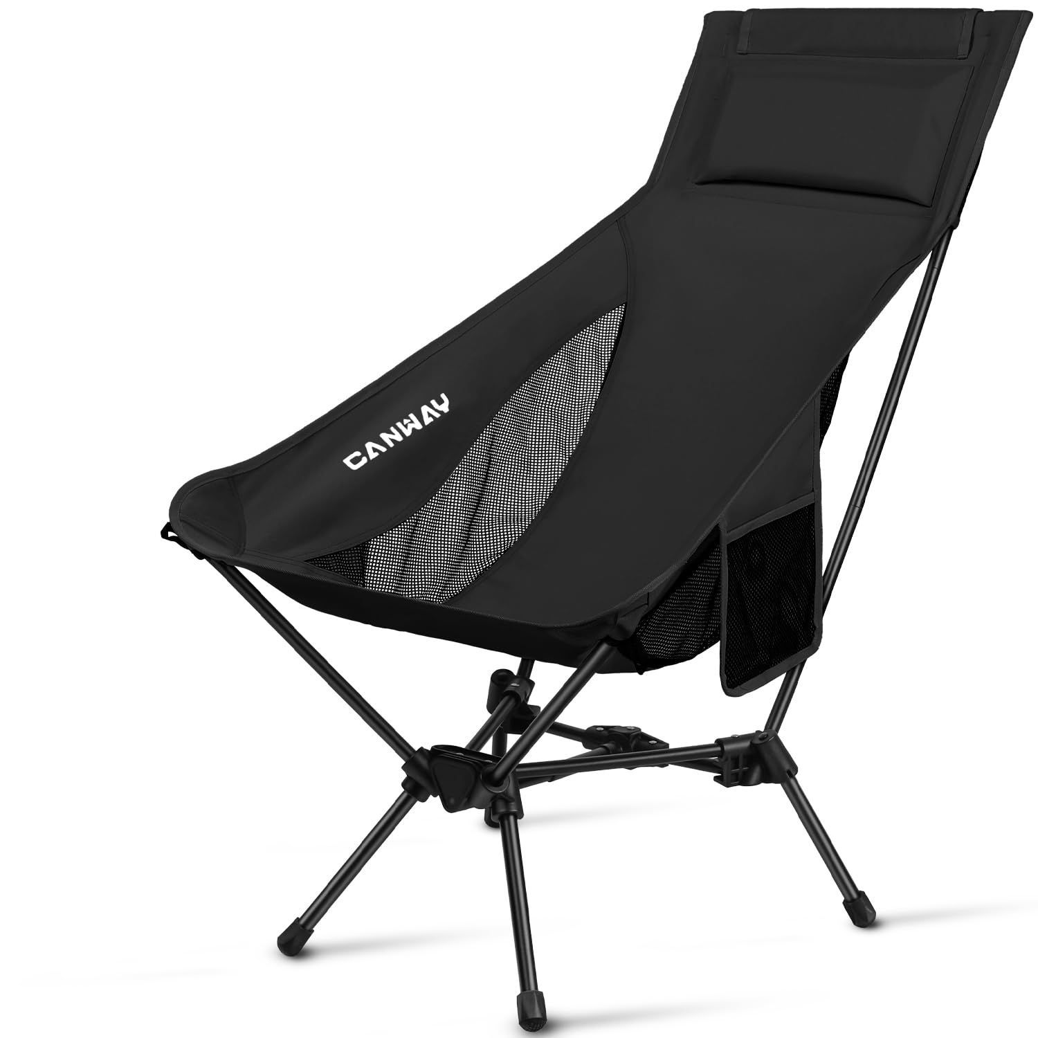 コンパクト アウトドア ハイキング キャンプ用チェア ピクニック 耐荷重180kg バーベキュー ソロキャンプ 登山 釣り適用 軽量 カップホルダー付き 高さ調節 折りたたみ椅子 収納袋付 ハイ CANWAY ブラック