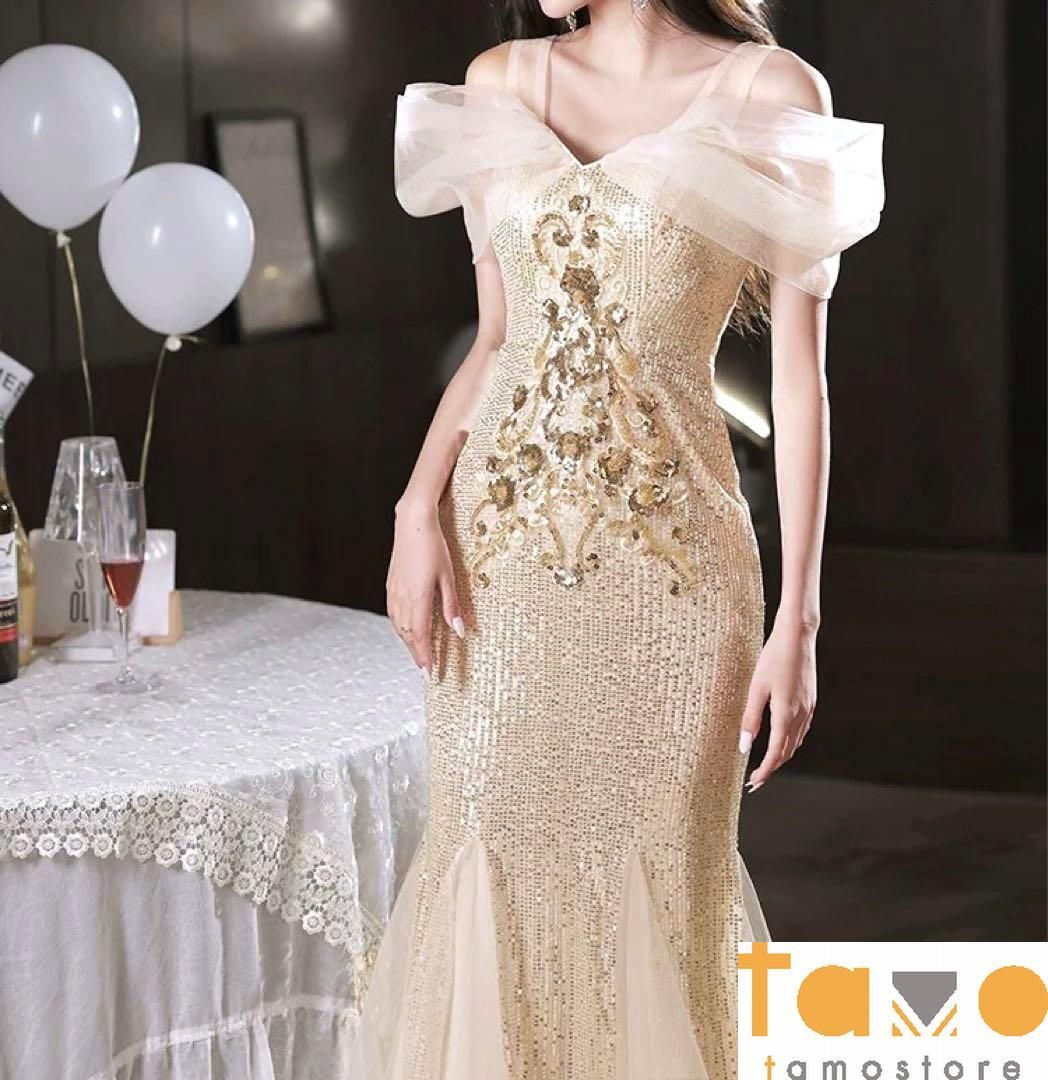 2024年 スパンコール イブニングドレス オフショル オシャレなデザイン