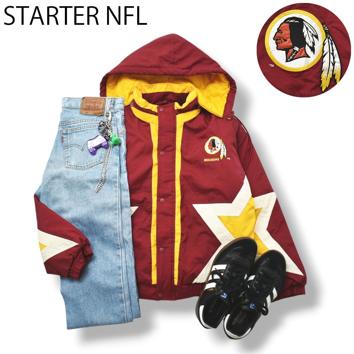 90s ヴィンテージ スターター STARTER NFL レッドスキンズ ワシントンコマンダース フーデット ナイロン ジャケット 裏地 中綿 キルティング ジャンパー L ボルドー x イエロー ストリート メンズ