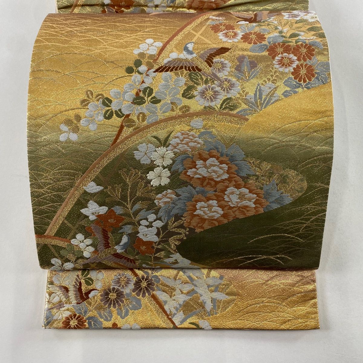 袋帯 美品 秀品 光悦垣 花鳥 金糸 箔 金色 六通 正絹 【中古
