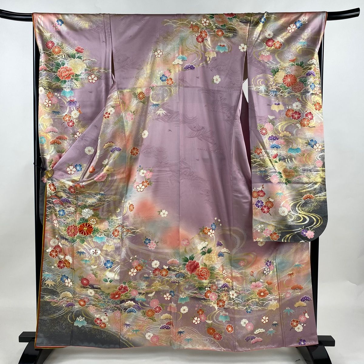 振袖 身丈162cm 裄丈67cm M 袷 松竹梅 菊 金銀糸 刺繍 薄紫 正絹 秀品