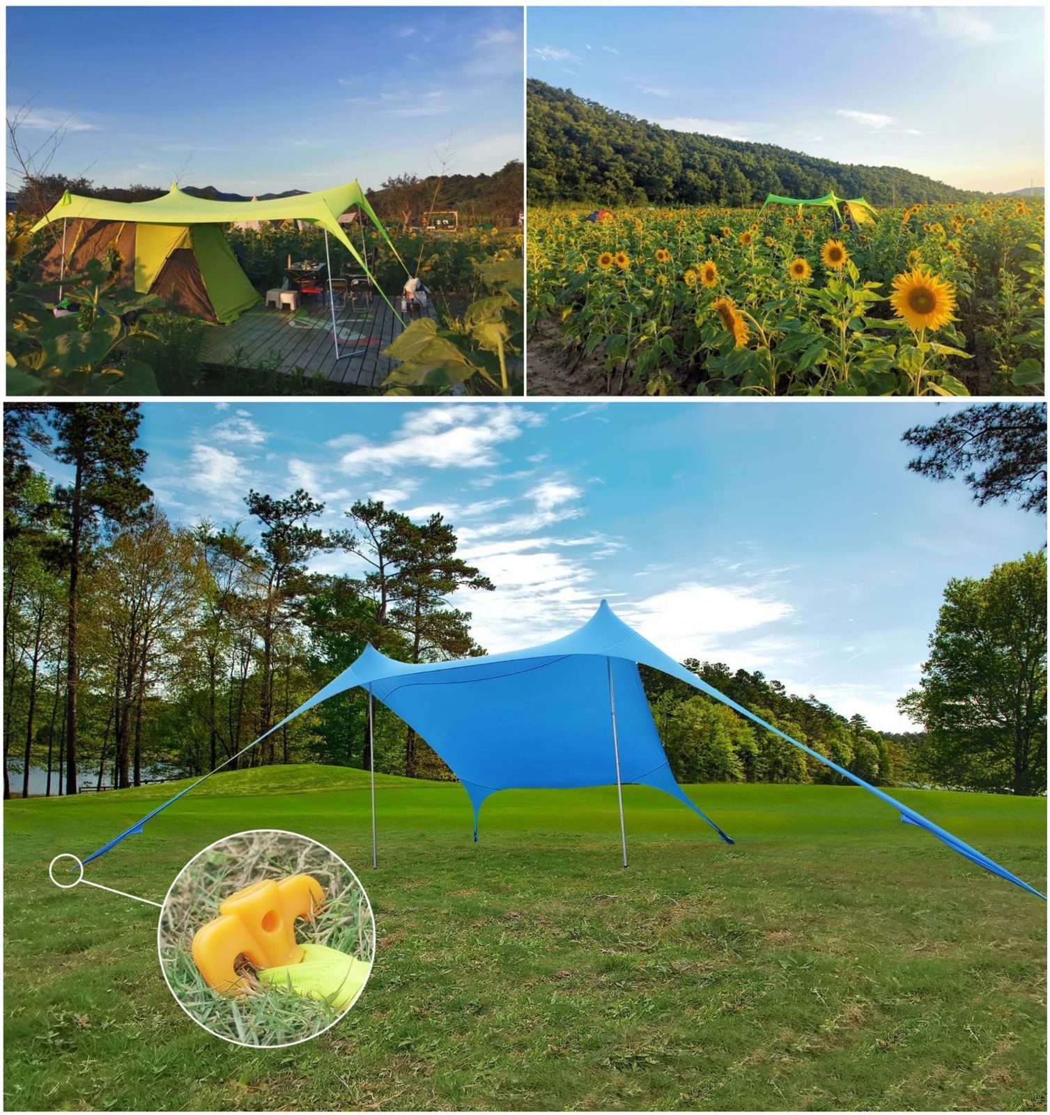  ライクラ 紫外線防止 キャノピーテント UVカット 組み立て簡易 軽量 収納ポーチ付き サンシェード コンパクト 熱中症対策 ビーチ 海水浴 ビーチテント キャンプ 3 5人用 Floving ブルー カヤック用品 自転車用品 サンシェード サンシェード ビーチパラソル