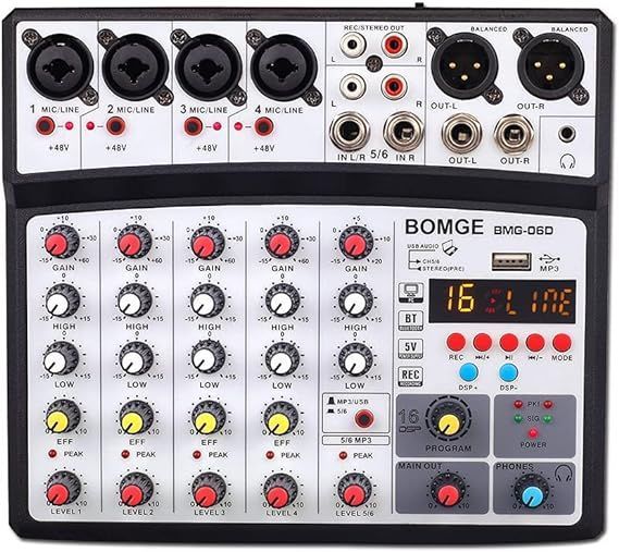 BOMGE 6チャンネルdjオーディオミキサー、MP3 USB Bluetooth、48V