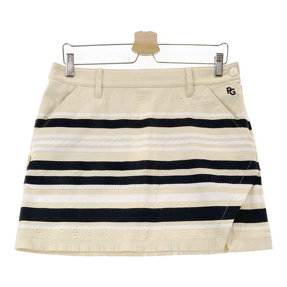 サイズ 2 PEARLY GATES パーリーゲイツ モデル ロゴ型押し 刺繍入りスカート ボーダー柄 ベージュ系 240101537909 ゴルフウェア レディース ストスト