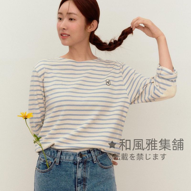 韓国風 清新な 刺繍ロゴ入り レラックスフィット ストライプ柄 マルチマッチング 日常着 長袖 T シャツ