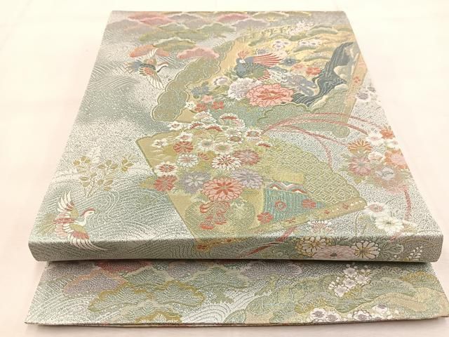 平和屋着物◎六通柄袋帯 扇花鳥文 金糸 正絹 逸品 BAAU6047yc