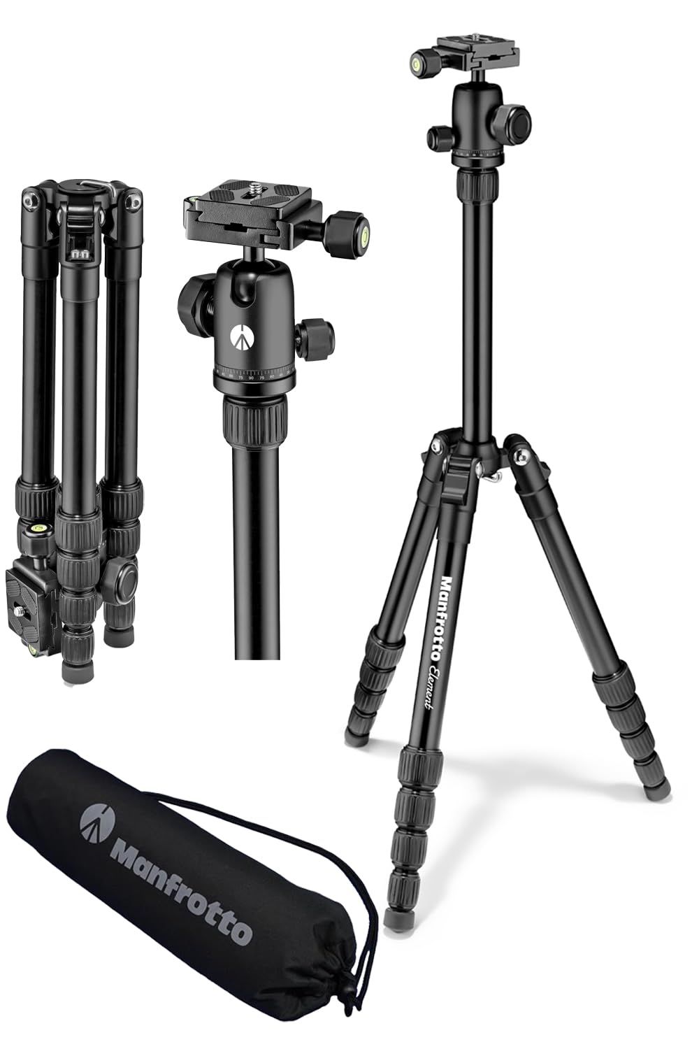Manfrotto 軽量コンパクトトラベル三脚 折り畳み式 キャリーケース付き ボール雲台搭載 耐荷重4kg 全伸高143cm ブラック 耐荷重 4kg アルミ三脚