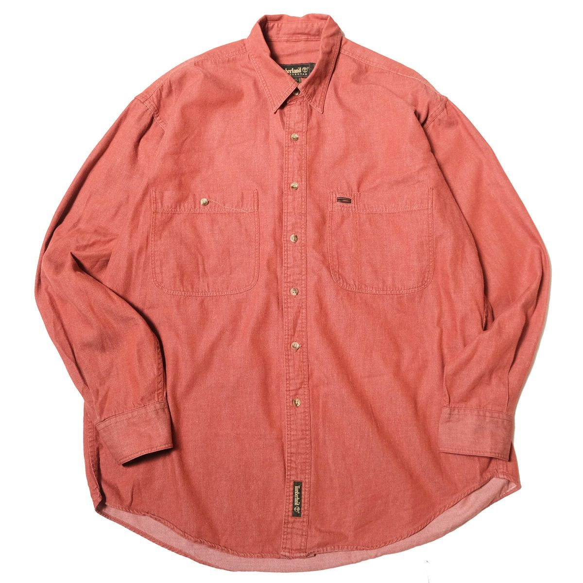 90's ティンバーランド カラー デニム ワークシャツ 長袖 (XL) 赤 無地