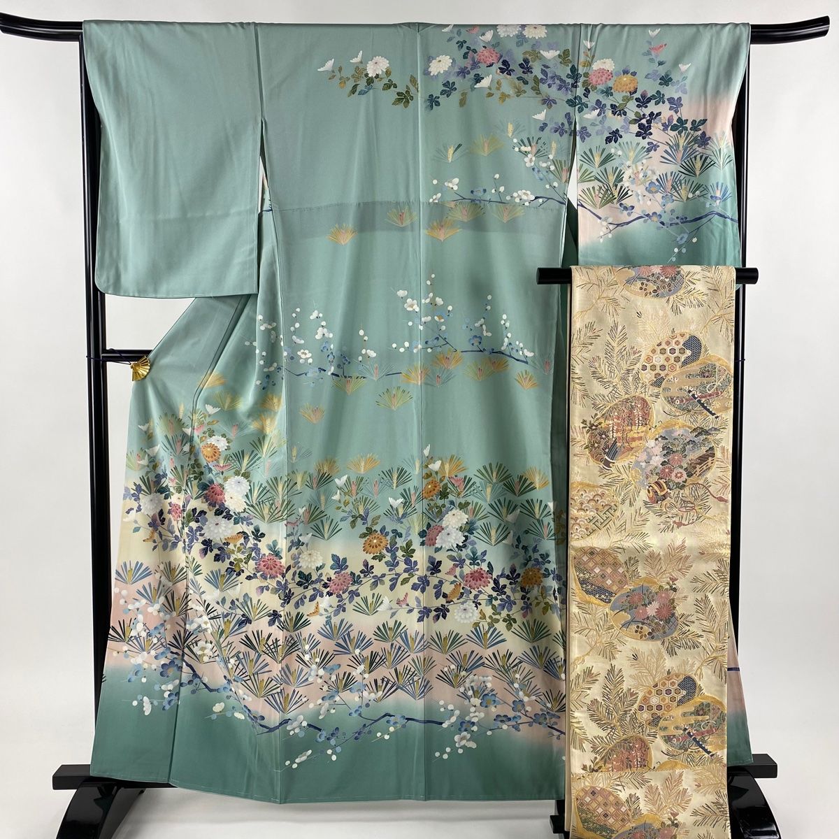 訪問着 身丈162cm 裄丈66cm M 袷 袋帯セット 落款 松梅 菊 染め分け  