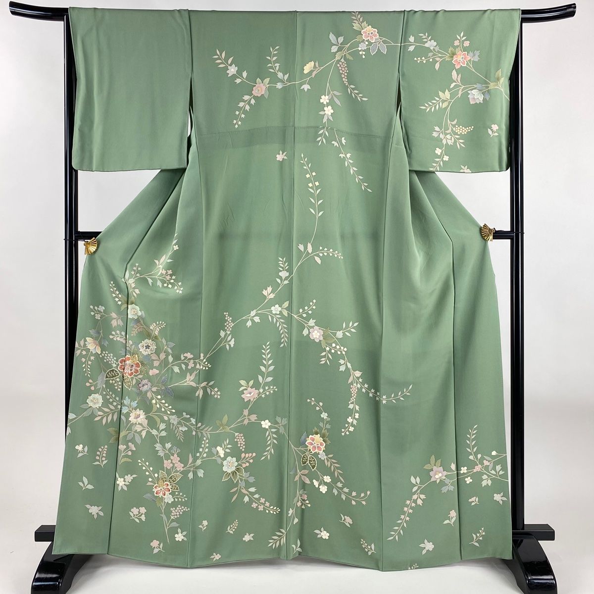 訪問着 身丈164.5cm 裄丈66.5cm M 袷 草花 箔 刺繍 薄緑 正絹 秀品