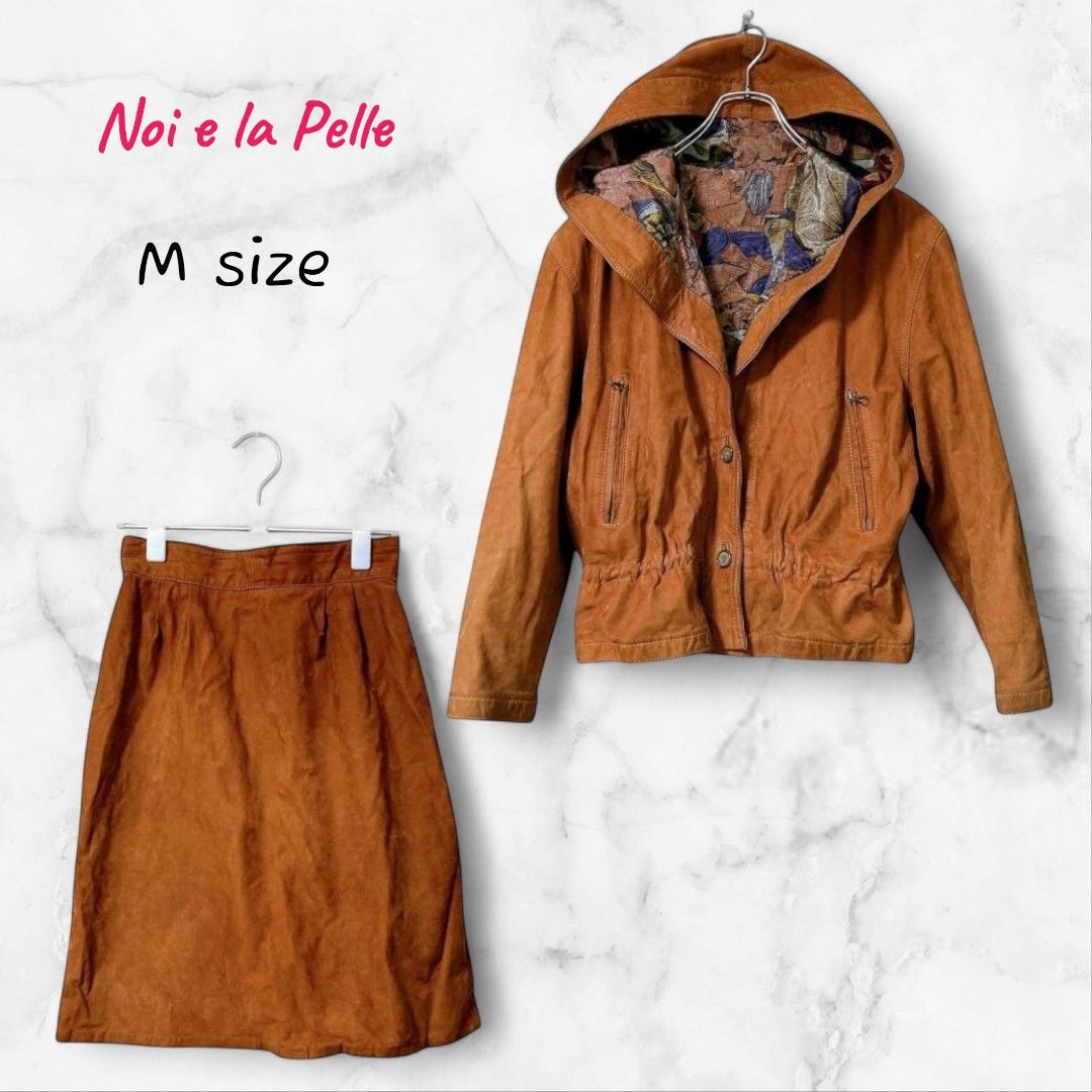 Noi e la Pelle イタリア製 ヌバックレザー セットアップ ジャケット＆スカート 羽織り風オープン 秋冬 ナチュラルガーリー Mサイズ相当