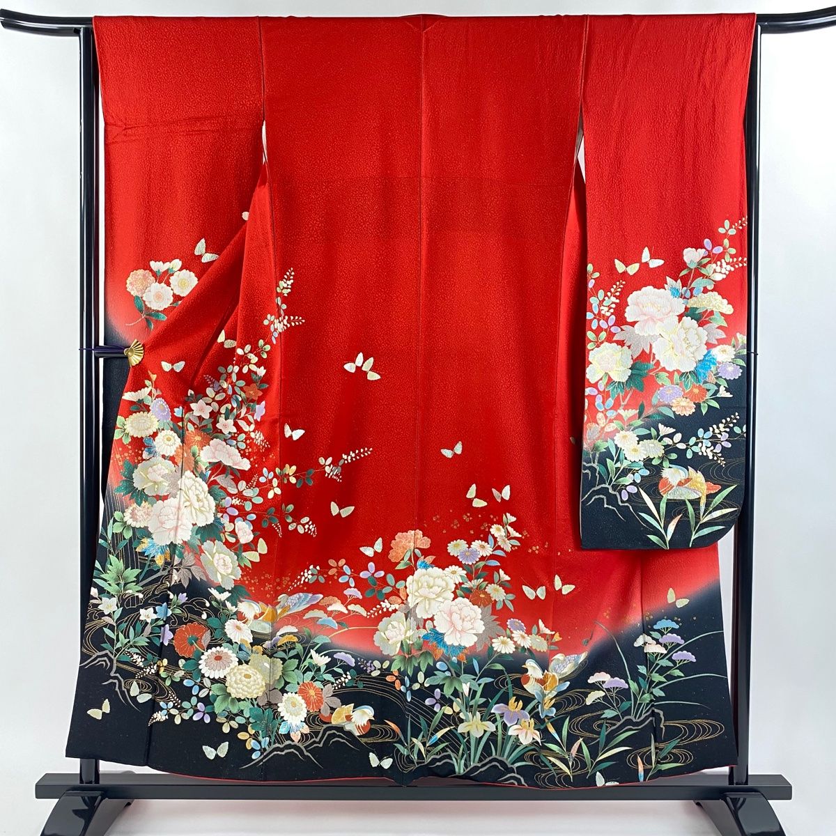振袖 身丈156cm 裄丈64cm M 袷 牡丹 鴛鴦 金通し 金彩 赤 正絹