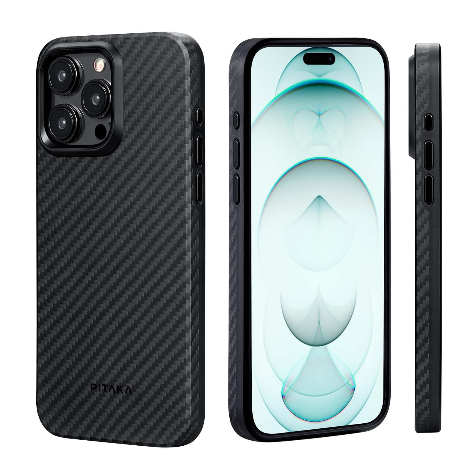 PITAKA iPhone 15 Pro Max用 ケース 1500Dアラミド繊維 TPU一体 MagSafe対応 MagEZ Case Pro 4 軽量と全面保護を両立 耐衝撃 米軍MIL規格取得 1500D黒グレー iPhone15ProMax