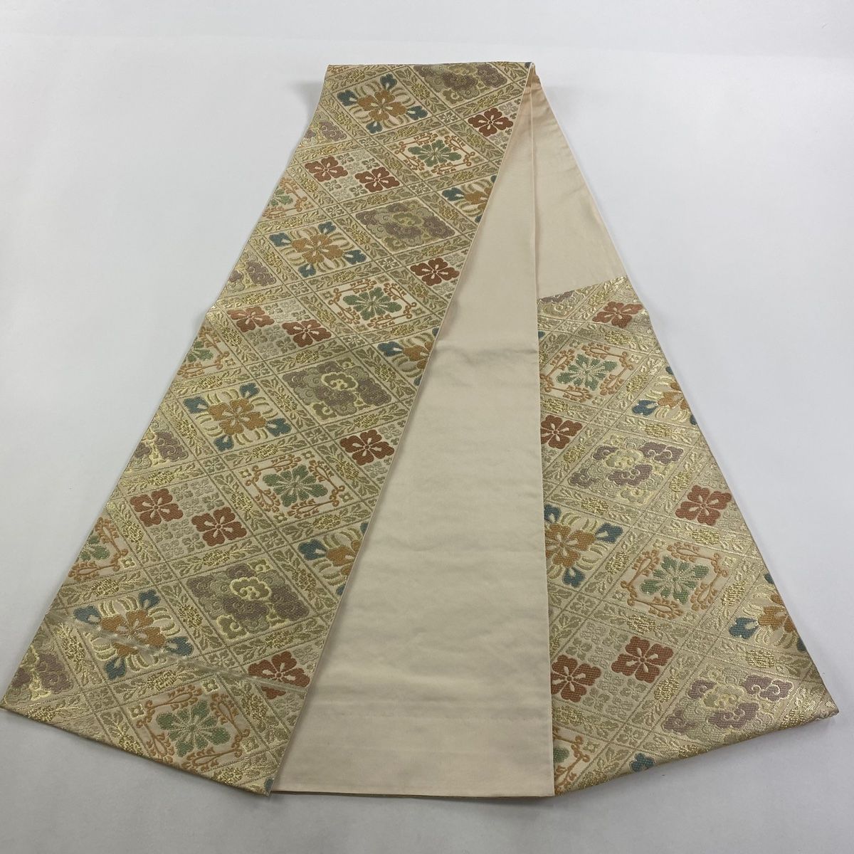 美品】 袋帯 逸品 川島織物 落款 花菱 草花 金糸 箔 金色 六通 正絹 