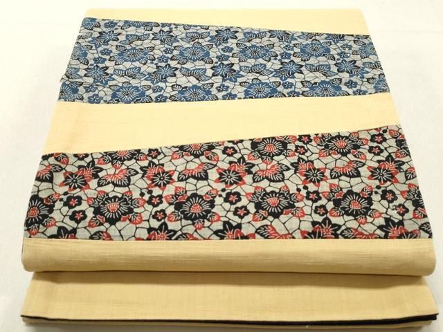 平和屋着物○太鼓柄袋帯 作家物 紬地 更紗飾花間道