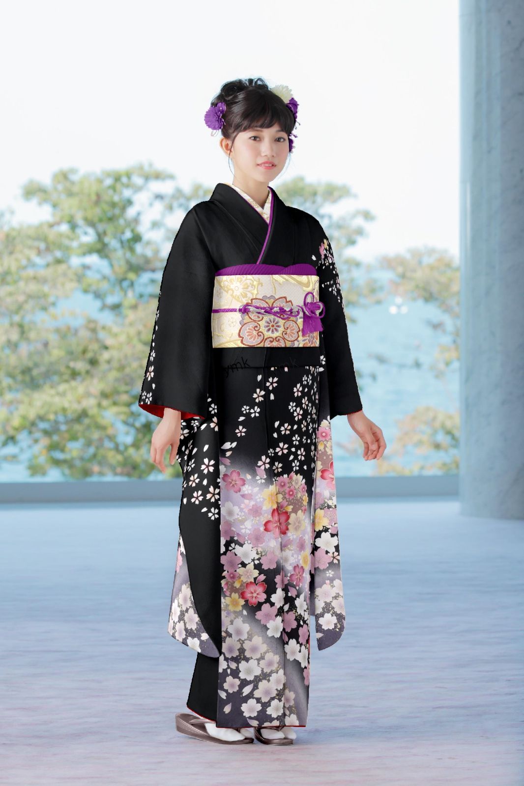 振袖【中古】仕立上がりリサイクル品黒色花柄正絹No.148 振袖【中古】仕立上がりリサイクル品黒色花柄正絹No.148