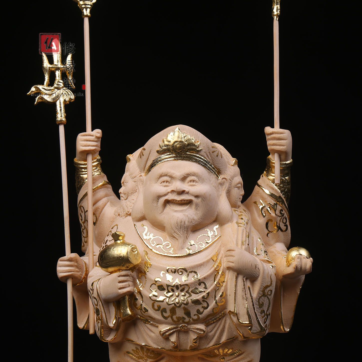 修縁堂】木彫り 仏像 福神三面大黒天立像 財神 檜材 仏教工芸 彫刻 