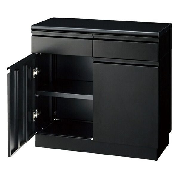 スチール製収納BOXハイタイプ／カウンター W90 ブラック 抽斗u0026扉u0026台輪タイプ 61-555-64-1