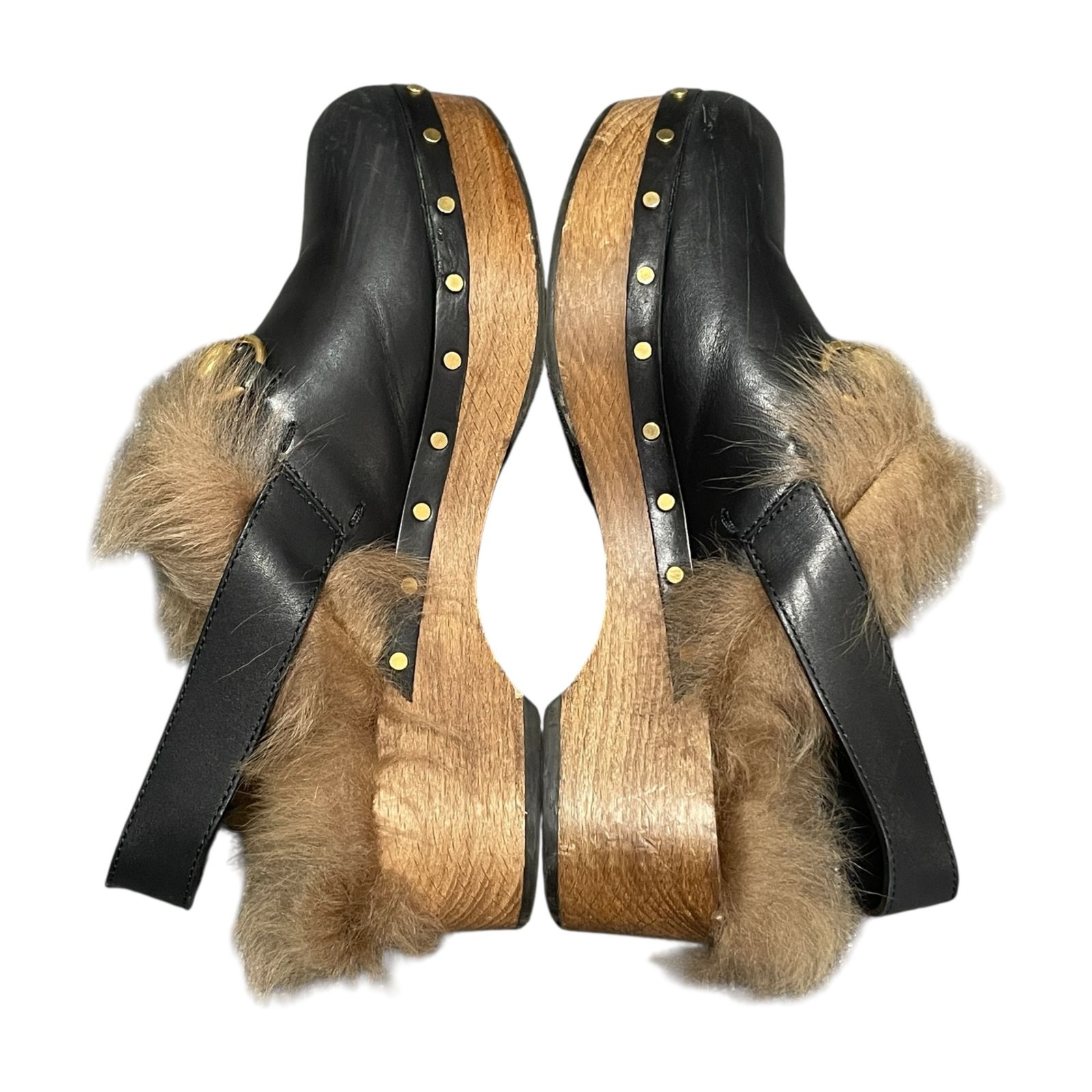 ◆ 品◆ GUCCI グッチ アムステル ホースビットサボ サンダル レザー ウッド ムートン ブラック×ゴールド金具 サイズ37 箱有 V98550NJ KIN-KAAI_COM