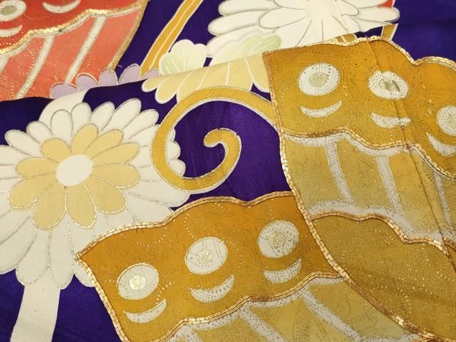 豪華 牡丹の花模様 金駒刺繍 刺繍 金彩 白 紫 袷 正絹 振袖 着物 14 平和屋着物□豪華振袖 駒刺繍 草花文 金彩 正絹 逸品 DAAT8972zy