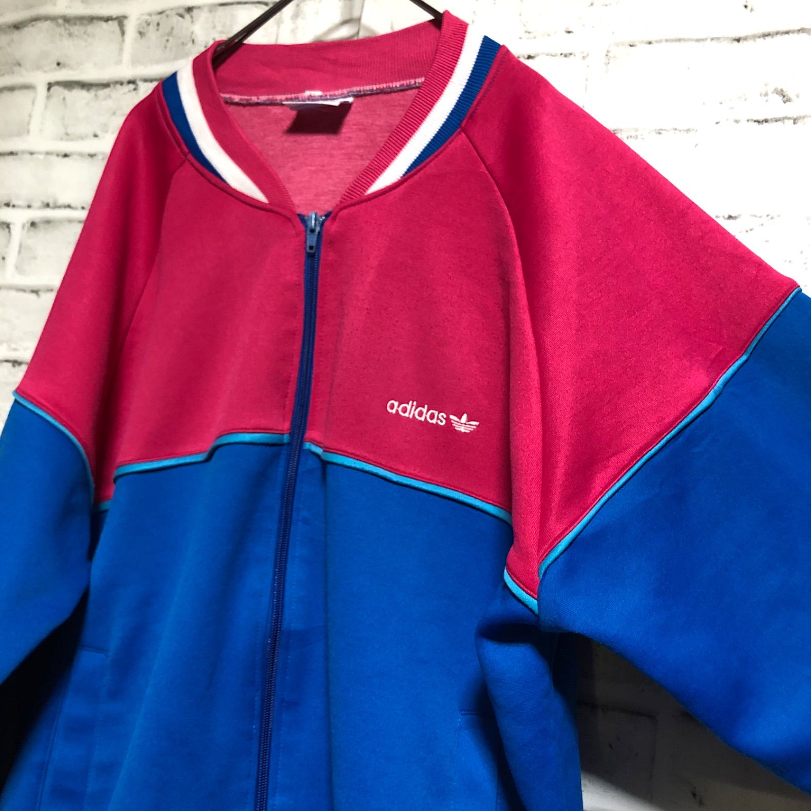 希少XL⭐️80s adidas トラックジャケット/ジャージ 刺繍トレファイル vintage ブルー×ピンク