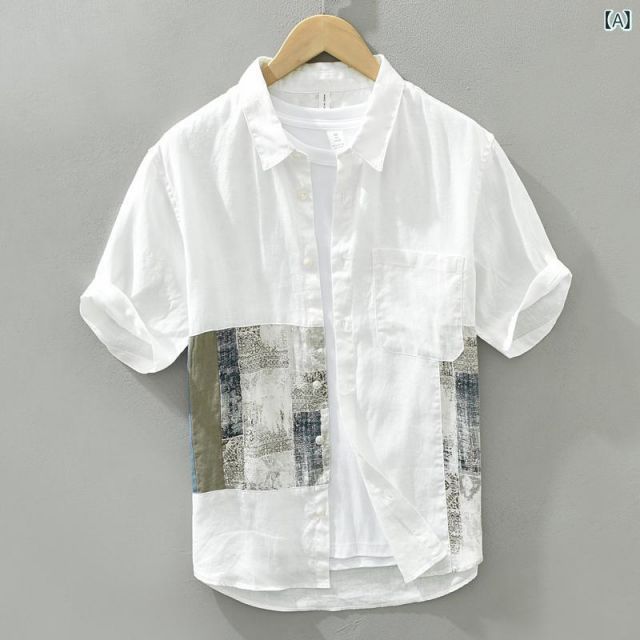 種類98 - XL|D - 2523 グレー メンズ ファッション 服 男性用 オシャレ シンプル 大人 かっこいい 大きいサイズ ストリート 紳士服 夏 プリント リネンシャツ 半袖 カジュアル 通気性 コットンリネン 生地 半袖 シャツ