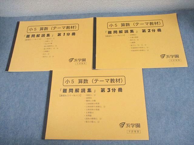 浜学園 小5 算数 テーマ教材 難問解説集 第1～3分冊 通年セット 書き込みなし 状態良い 計3冊 008S2D