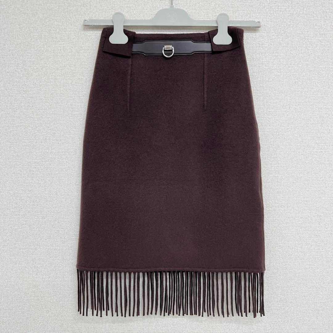 HERMES エルメス スカート フリンジ ダブルフェイス カシミヤ レザー 金具 パープル イタリア製 34